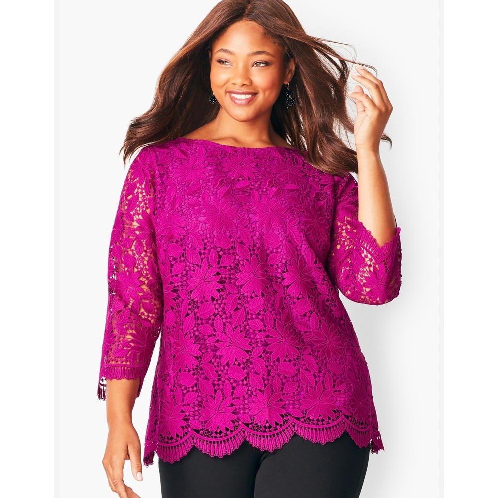 RSVP by Talbots women's Lace Top Magenta Floral 3/4 Sleeve Scalloped Hem Sz L - Picture 10 of 16
